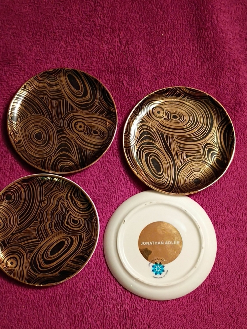 Jonathan Adler Black and Gold Swirl Decorative Coasters - Set of 4, 4" In Diam.